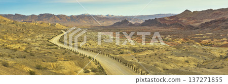 Aerial Golden Hour Road Through Nevada Desert Panorama Near Las Vegas Aerial Golden Hour Road Through Nevada Desert Panorama Near Las Vegas 137271855