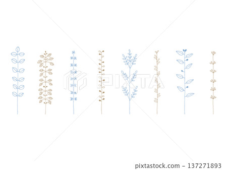 Hand-drawn line drawing illustration set 1 (blue and brown) inspired by plants such as beans and wood sorrel Hand-drawn line drawing illustration set 1 (blue and brown) inspired by plants such as beans and wood sorrel 137271893