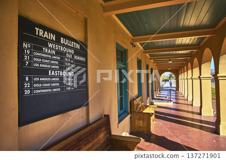Kelso Visitors Center Train Bulletin Board and Sunlit Arched Walkway Mojave 137271901