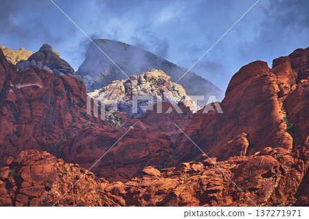 Red Rock Canyon Calico Formations and Turtlehead Peak with Dramatic Clouds Red Rock Canyon Calico Formations and Turtlehead Peak with Dramatic Clouds 137271971