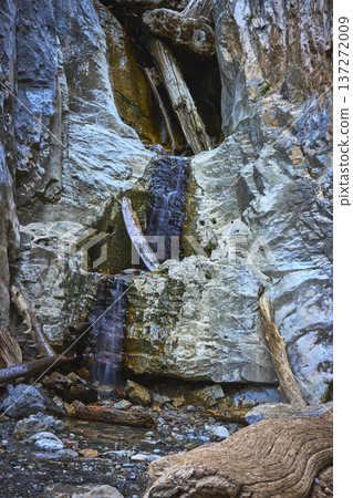 Waterfall Cascading Over Limestone Rocks and Driftwood in Rugged Mountain Canyon Waterfall Cascading Over Limestone Rocks and Driftwood in Rugged Mountain Canyon 137272009