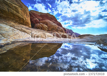Red Rock Canyon Calico Sandstone Mountain and Sky Reflection in Water Puddle 137272010