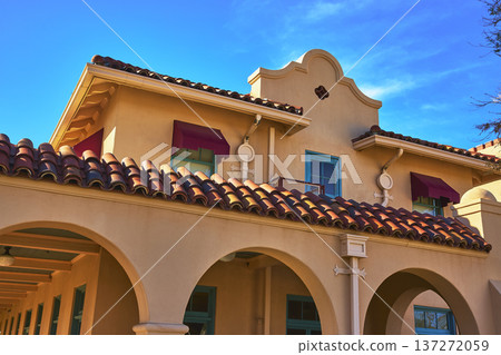 Kelso Visitors Center Spanish Revival Architecture with Arches and Tile Roof in Sunlight 137272059