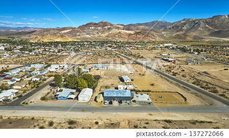 Aerial Beatty Nevada Residential Neighborhoods Desert Landscape and Mountain Range Aerial Beatty Nevada Residential Neighborhoods Desert Landscape and Mountain Range 137272066