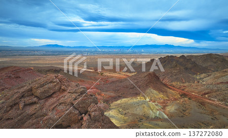 Aerial Lava Butte Volcanic Landscape with Las Vegas Skyline and Nevada Desert 137272080