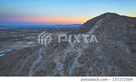 Aerial Lone Mountain Trail and Las Vegas Strip at Golden Hour Nevada 137272084