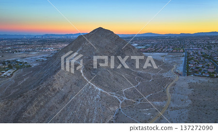 Aerial Lone Mountain Las Vegas Suburbs and The Strip at Golden Hour 137272090