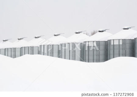 Monochrome of steel grain bins covered with snow after snowfall. 137272908