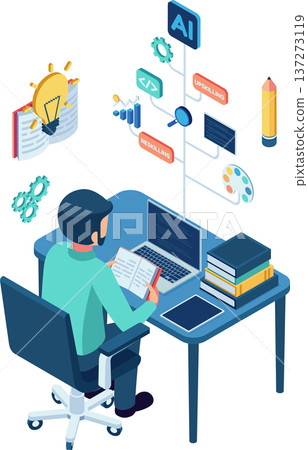 Isometric Person Learning at Desk with Skill Tree 137273119