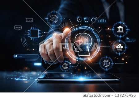 AI generated business professional interacting digital AI interface featuring head silhouette microchip cloud banking and analytics icons representing intelligent automation enterprise transformation 137273456