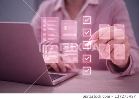 AI generated professional managing virtual task board with checkmarks and documents on laptop representing digital workflow tracking project management and business productivity 137273457