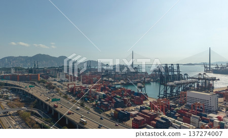 Kwai Chung Container Terminal Overlooking Stonecutters Bridge At Sunset Feb 16 2026 137274007