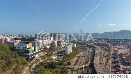 Tsing Kwai Highway Overlooks Container Port And Harbour Skyline Feb 16 2026 137274018
