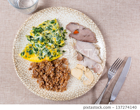 Pork with buckwheat and omelette for breakfast Pork with buckwheat and omelette for breakfast 137274140