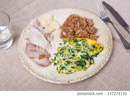 Pork with buckwheat and omelette for breakfast 137274150