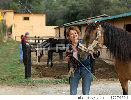 Happy woman farmer in plaid shirt and gloves preparing horse for riding and walking in pasture on farm 137274204