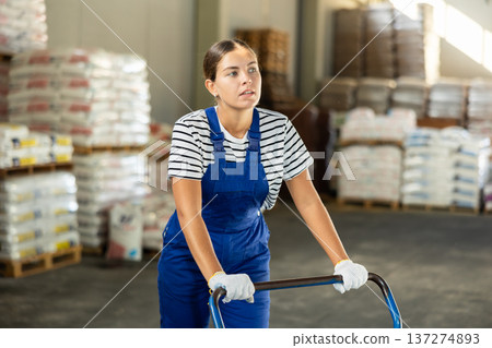 In warehouse of store, loader young woman pushes and carries large cart for bulky cargo 137274893
