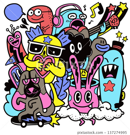 Hand drawn colorful cartoon characters with playful expressions and musical elements doodle style 137274995