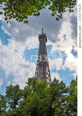 Eiffel Tower View from Paris, France A Parisian Icon Framed by Lush Green Trees and Cloudy Skies Eiffel Tower View from Paris, France A Parisian Icon Framed by Lush Green Trees and Cloudy Skies 137275925