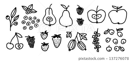 Hand drawn fruits and berries set. Crayon doodled apple, strawberry, pear, cherry, blueberry. Brush stroke outline sketch collection for icon, menu, product label. Vector chalk pastel childish drawing Hand drawn fruits and berries set. Crayon doodled apple, strawberry, pear, cherry, blueberry. Brush stroke outline sketch collection for icon, menu, product label. Vector chalk pastel childish drawing 137276078