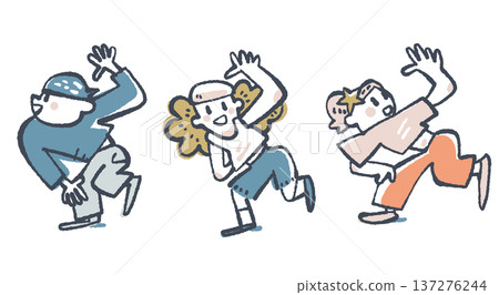 舞動最棒的團隊！三個好朋友快樂跳舞的集體插畫。孩子們，小學生，舞蹈課，燦爛的笑容。 137276244