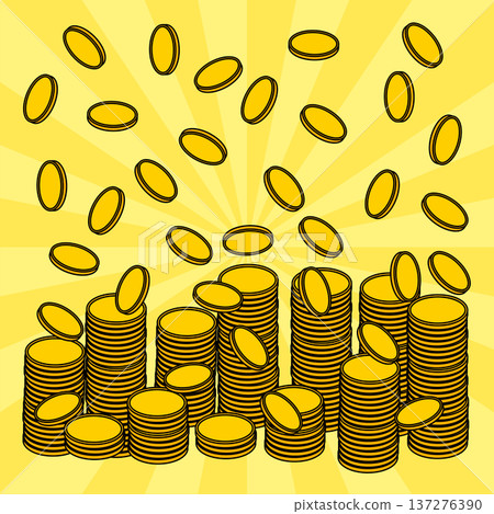 A large amount of gold coins and piles of coins falling against a background of concentrated lines 137276390