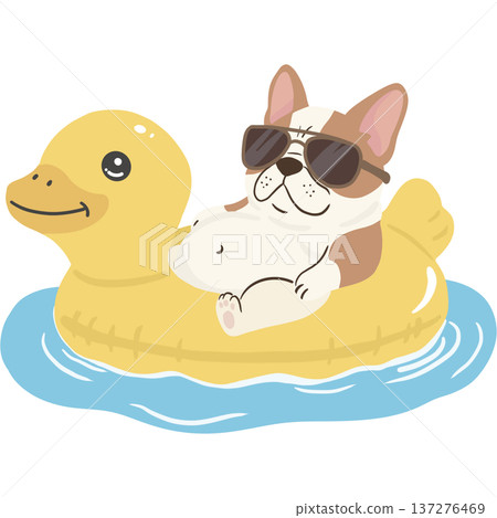 A relaxed French bulldog wearing sunglasses while lounging on a yellow duck float in the water. A relaxed French bulldog wearing sunglasses while lounging on a yellow duck float in the water. 137276469