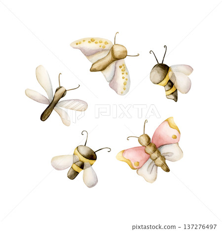 Cute insects Set. Butterfly Bee Dragonfly Moth Watercolor illustration hand painted isolated on white background for nursery baby kids design spring summer cards posters fabrics textile fresh prints 137276497