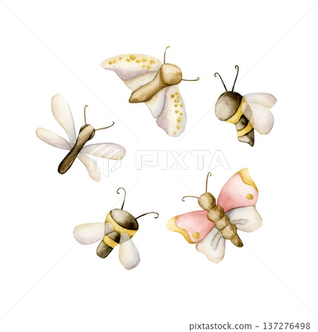 Cute insects Set. Butterfly Bee Dragonfly Moth Watercolor illustration hand painted isolated on white background for nursery baby kids design spring summer cards posters fabrics textile fresh prints Cute insects Set. Butterfly Bee Dragonfly Moth Watercolor illustration hand painted isolated on white background for nursery baby kids design spring summer cards posters fabrics textile fresh prints 137276498