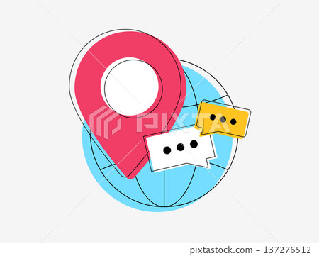 Geolocation chat pin, local messaging bubble, map marker conversation, nearby discussion concept, social location feedback, modern flat infographic design, vector illustration Geolocation chat pin, local messaging bubble, map marker conversation, nearby discussion concept, social location feedback, modern flat infographic design, vector illustration 137276512