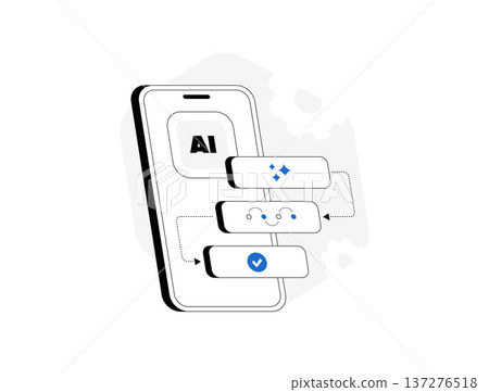 AI mobile workflow, smartphone AI process, automation steps flowchart, input processing output sequence, machine learning task completion, modern workflow flat infographic design, vector illustration 137276518