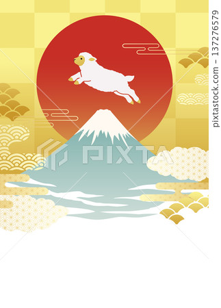 Vector illustration template for 2027 New Year's card with Mt. Fuji, the first sunrise, and a sheep (Year of the Sheep, Sheep, Sheep) 137276579