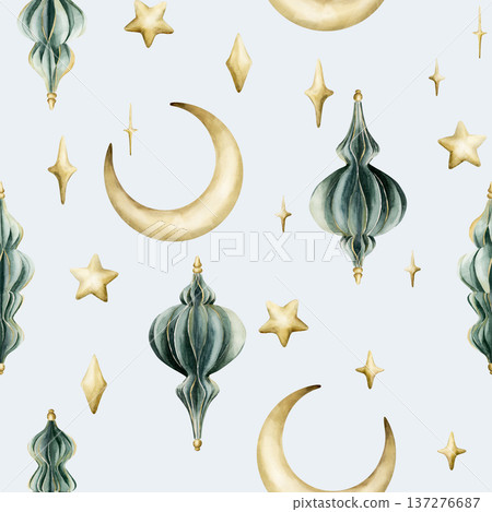 Turquoise lanterns crescent moon with stars seamless pattern. Watercolor hand painted illustration isolated on blue background for Ramadan Kareem design Muslim holiday Eid Mubarak Al Fitr Adha Arabic 137276687