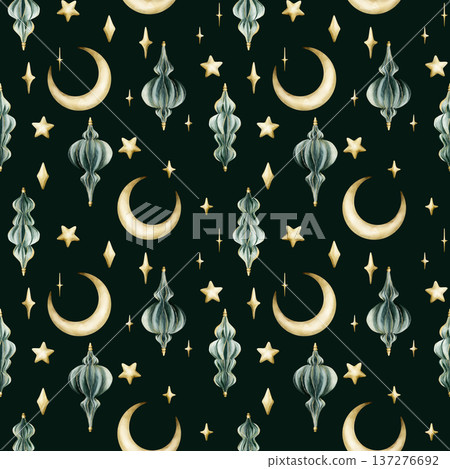 Turquoise lanterns crescent moon with stars seamless pattern. Watercolor hand painted illustration isolated on dark background for Ramadan Kareem design Muslim holiday Eid Mubarak Al Fitr Adha Arabic 137276692