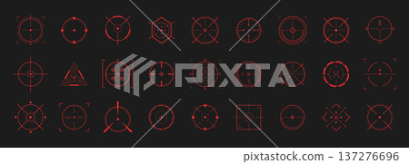 Red crosshair and Hud alignment. Asset or brain focus with bullseye and colorful buttons. Futuristic clip art with compass and exploding vitality. Science or tech innovation. Flat Vector illustration. Red crosshair and Hud alignment. Asset or brain focus with bullseye and colorful buttons. Futuristic clip art with compass and exploding vitality. Science or tech innovation. Flat Vector illustration. 137276696