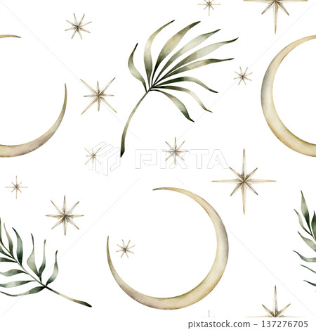 Crescent moon and stars with tropical leaves seamless pattern. Watercolor hand drawn isolated illustration on white background for Muslim holiday Ramadan Kareem design Eid Mubarak baby nursery kids Crescent moon and stars with tropical leaves seamless pattern. Watercolor hand drawn isolated illustration on white background for Muslim holiday Ramadan Kareem design Eid Mubarak baby nursery kids 137276705