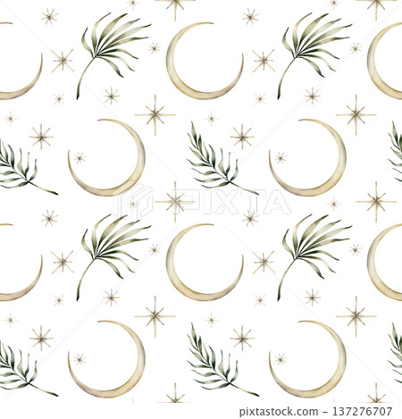 Crescent moon and stars with tropical leaves seamless pattern. Watercolor hand drawn isolated illustration on white background for Muslim holiday Ramadan Kareem design Eid Mubarak baby nursery kids Crescent moon and stars with tropical leaves seamless pattern. Watercolor hand drawn isolated illustration on white background for Muslim holiday Ramadan Kareem design Eid Mubarak baby nursery kids 137276707