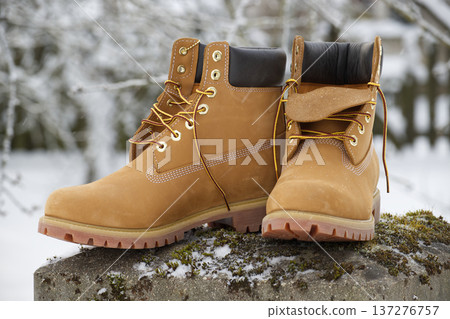 Iconic tan work boots with yellow laces stand on a mossy stone in the snow Iconic tan work boots with yellow laces stand on a mossy stone in the snow 137276757