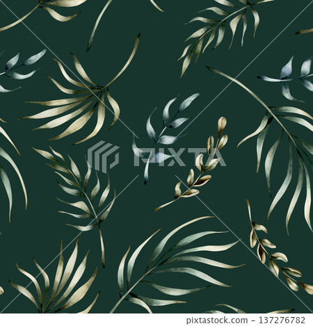 Tropical Leaves Seamless Pattern. Palm branch Watercolor floral hand painted isolated illustration on green background for Ramadan design Muslim holiday Eid Mubarak Al Fitr Adha wrapping paper baby 137276782