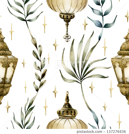 Hanging Lantern with leaves Seamless Pattern. Arabic style golden lamp Watercolor hand painted isolated illustration on white background for Ramadan design Muslim holiday Eid Mubarak Al Fitr Adha 137276836