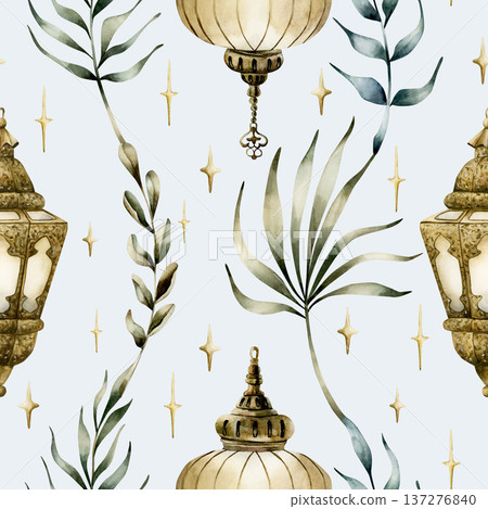 Hanging Lantern with leaves Seamless Pattern. Arabic style golden lamp Watercolor hand painted isolated illustration on blue background for Ramadan design Muslim holiday Eid Mubarak Al Fitr Adha Hanging Lantern with leaves Seamless Pattern. Arabic style golden lamp Watercolor hand painted isolated illustration on blue background for Ramadan design Muslim holiday Eid Mubarak Al Fitr Adha 137276840
