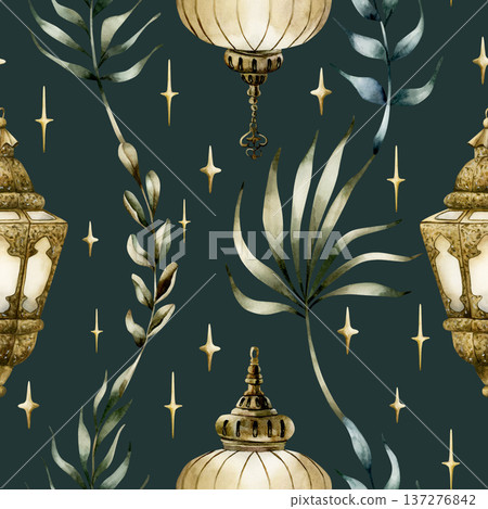 Hanging Lantern with leaves Seamless Pattern. Arabic style golden lamp Watercolor hand painted isolated illustration on green background for Ramadan design Muslim holiday Eid Mubarak Al Fitr Adha 137276842