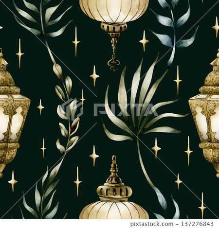 Hanging Lantern with leaves Seamless Pattern. Arabic style golden lamp Watercolor hand painted isolated illustration on dark background for Ramadan design Muslim holiday Eid Mubarak Al Fitr Adha Hanging Lantern with leaves Seamless Pattern. Arabic style golden lamp Watercolor hand painted isolated illustration on dark background for Ramadan design Muslim holiday Eid Mubarak Al Fitr Adha 137276843