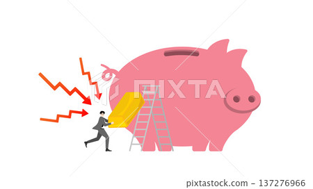 Businessman carrying a heavy gold bullion bar running away from crashing red arrows downward stock market graph to climb a ladder and save wealth in a giant piggy bank Businessman carrying a heavy gold bullion bar running away from crashing red arrows downward stock market graph to climb a ladder and save wealth in a giant piggy bank 137276966