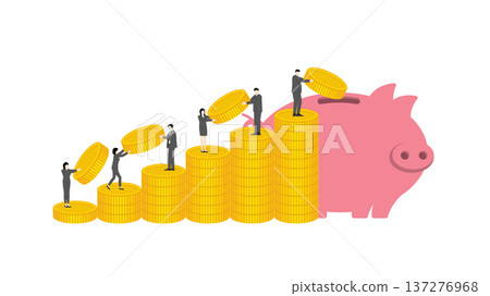 Team of business professionals collaborating to carry large gold coins up a rising coin stack bar chart to deposit into a piggy bank representing financial growth and group saving goals Team of business professionals collaborating to carry large gold coins up a rising coin stack bar chart to deposit into a piggy bank representing financial growth and group saving goals 137276968