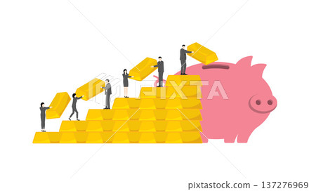Team of business professionals collaborating to carry gold bullion bars up a rising gold bar chart to deposit into a piggy bank for wealth preservation and stable financial growth 137276969