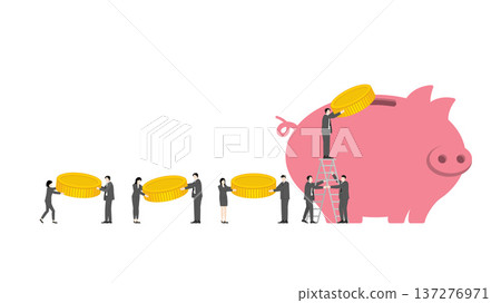 Business professional team working together to carry large gold coins and using a ladder to deposit money into a giant piggy bank representing teamwork for financial success and saving goals Business professional team working together to carry large gold coins and using a ladder to deposit money into a giant piggy bank representing teamwork for financial success and saving goals 137276971