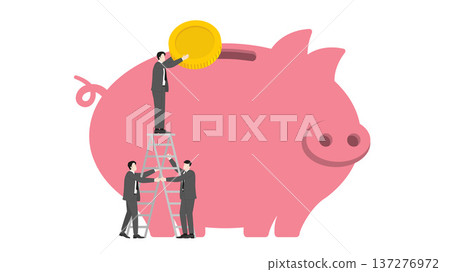Professional business team providing support by holding a ladder for a colleague to drop a large gold coin into a giant piggy bank representing mutual help for financial success 137276972