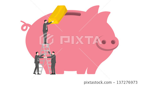 Group of business professionals collaborating and providing safety support by holding a ladder for a teammate to deposit a large gold bullion bar into a giant piggy bank for wealth preservation Group of business professionals collaborating and providing safety support by holding a ladder for a teammate to deposit a large gold bullion bar into a giant piggy bank for wealth preservation 137276973