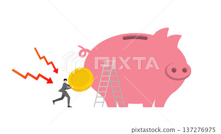 Businessman carrying a large gold coin and running away from falling red arrows downward graph to climb a ladder and deposit money into a giant piggy bank for financial safety Businessman carrying a large gold coin and running away from falling red arrows downward graph to climb a ladder and deposit money into a giant piggy bank for financial safety 137276975